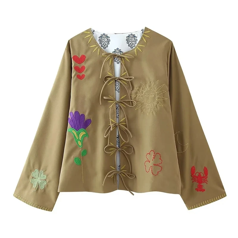 New Launch Ethnic style Totem Embroidery Decoration Shirt Women\'s Front Knot Long Sleeve Printed Blouse Outerwear