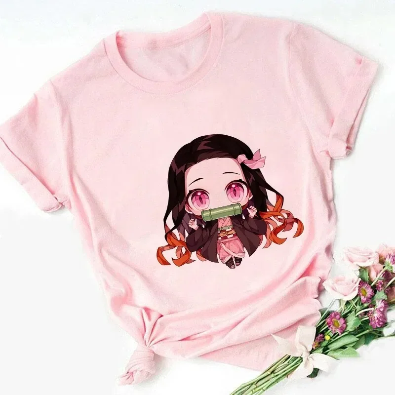 Camiseta de algodão estampada infantil Nezuko Kamado, Kimetsu No Yaiba, camiseta rosa bebê, bonito Harajuku Kawaii Kid roupas, camiseta menina, tops