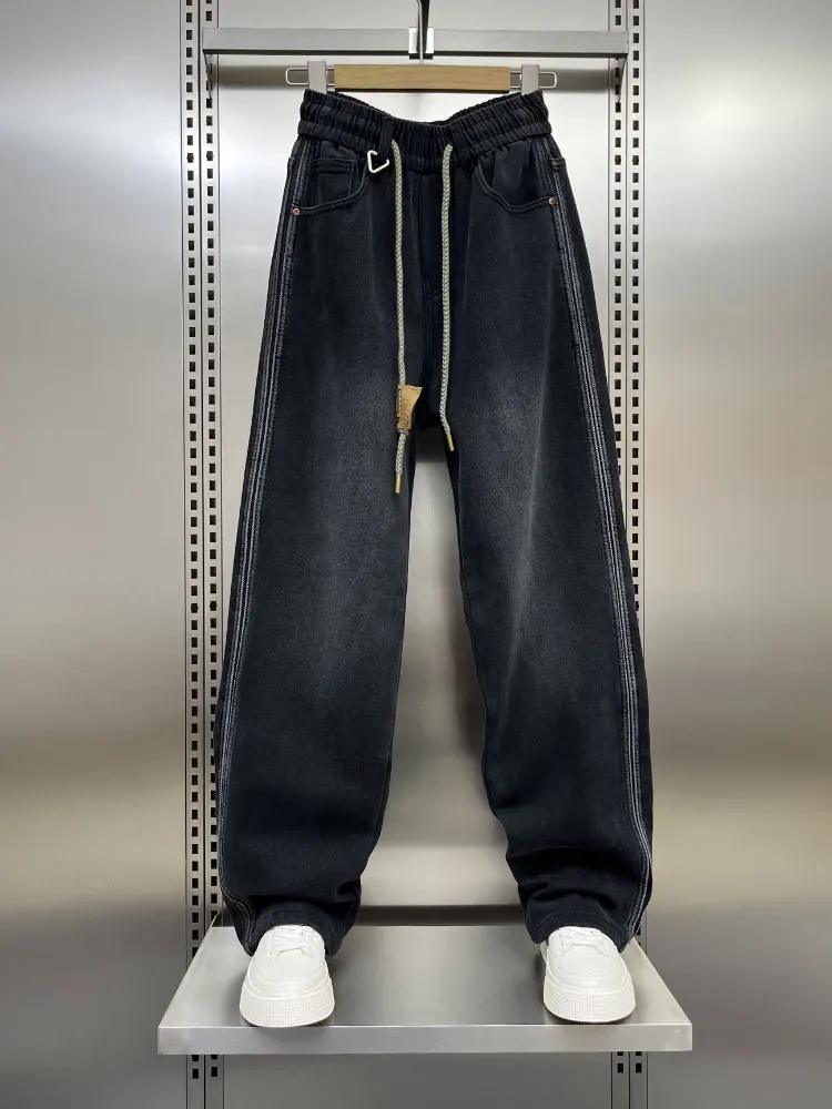 

Men's Fleece Lined Jeans Winter Loose Straight Fashionable Wide Leg Pants Handsome Retro Japanese Style Long Trousers