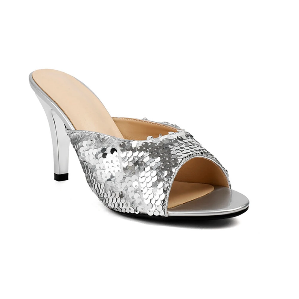 Mules de tacón alto con punta abierta y lentejuelas brillantes para mujer, zapatillas sin cordones para fiesta y boda, talla grande 32-47 305