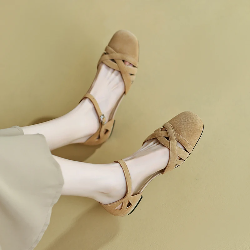 Vintage Green Suede Sandals Women Retro Low Heel Buckle Strap Sandalias 2022 Summer New Ladies Flat Hollow Out Fisherman Shoes