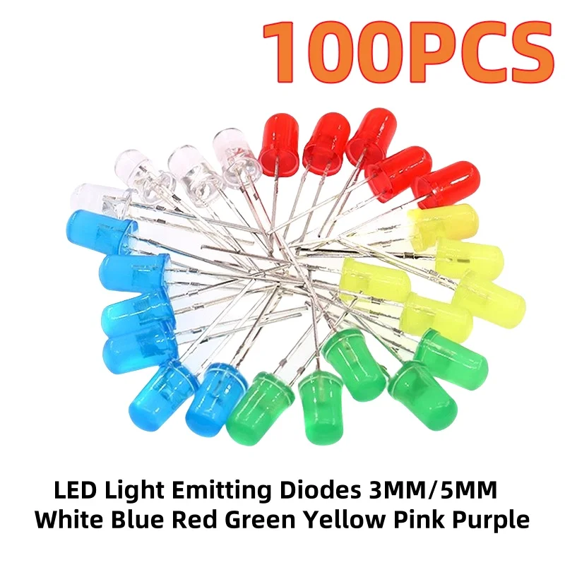 100PCS LED Bulbs 3mm/5mm F3 F5 Sizes Direct Insertion Red Green Yellow Blue White Experimental Light Bead Component Package