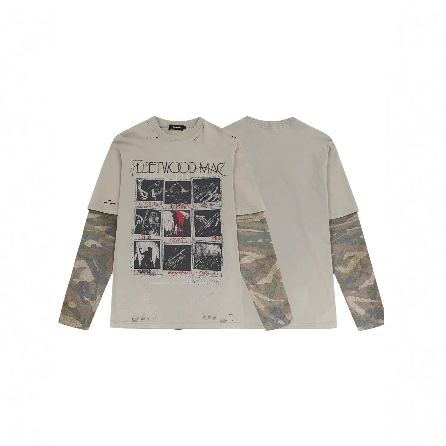 Mens Camouflage Patchwork Vintage T Shirt Fake Two Piece Long Sleeve Tee Tops Streetwear Harajuku Oversized Hip Hop Tops