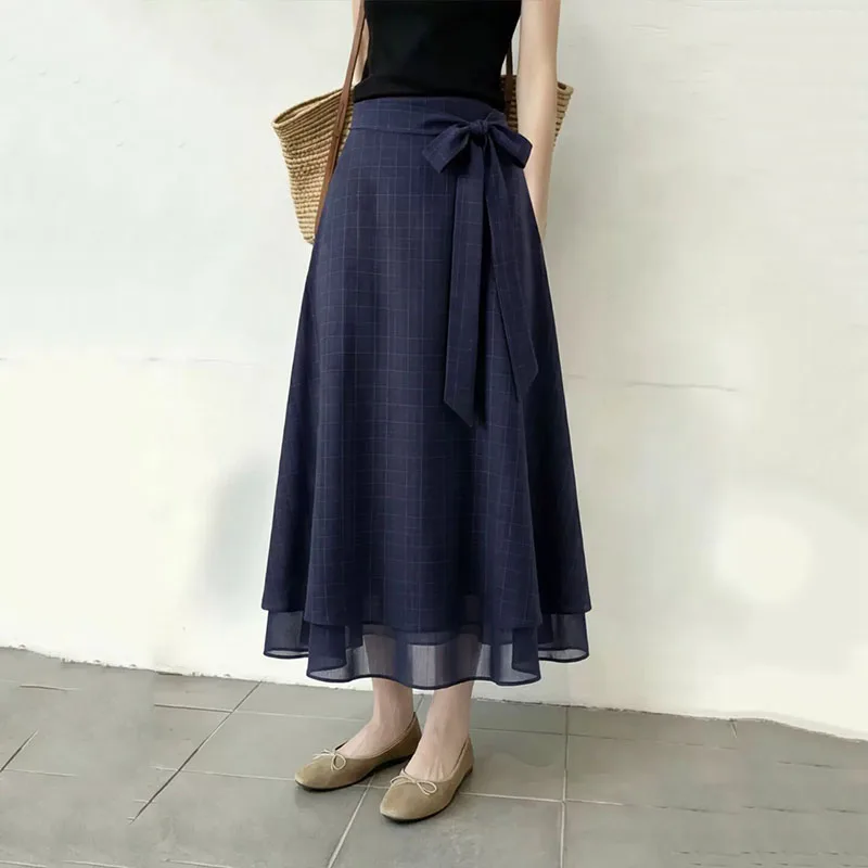 Fashion Elegant Navy Side Bandage Bowtie Long Skirt Women Chiffon A Line High Waist Summer Plaid Skirt Female Ladies Falda