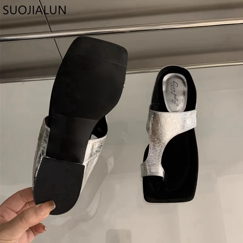 SUOJIALUN-Sandalias de tacón bajo cuadrado para mujer, chanclas elegantes doradas, informales, para verano, 2024