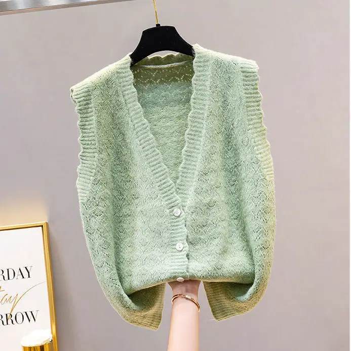 

2022 Wave V-neck Knit Sleeveless Sweater Short Vest Loose Spring Coat Tops Waistcoat Lady Top Cloth for Women girl Green