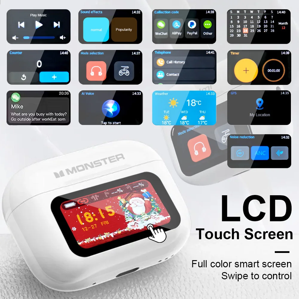 MONSTER Tws سماعة لاسلكية تعمل بالبلوتوث سماعات HD صوت ستيريو سماعات أذن صندوق شحن LCD تعمل باللمس سماعة رياضية داخل الأذن