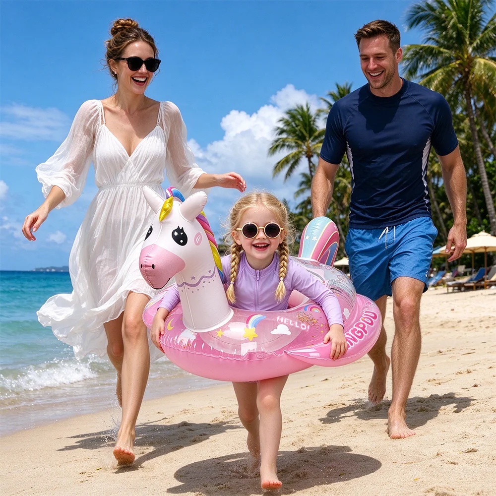 Girls Pony Swim Ring with Anti-Tip Seat, Cute Inflatable Pool Float Boat, Safe Toddler Summer Water Toy Beach