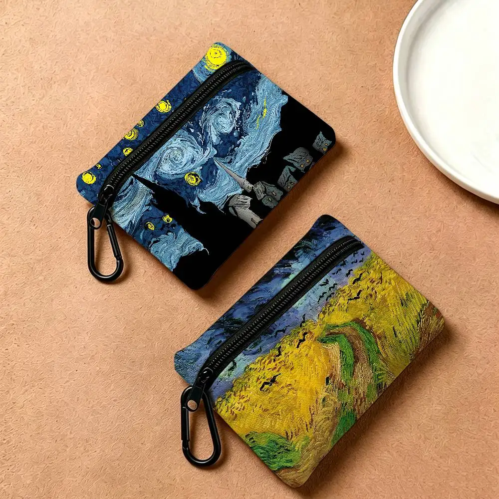 Van Gogh Oil Painting Oxford Cloth Zipper Coin Purse Portable Hanging Key Pouch Organizer For Travel Cosmetic Bag