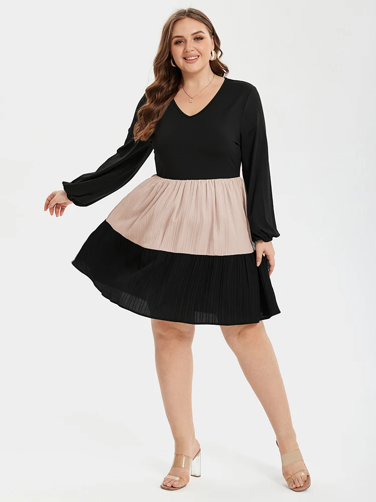 Plus Sized Clothing Two Tone V-Neck Lantern Sleeve Ruffle Hem Midi Dress Patchwork Long Sleeve Spring Summer A-Line Flowly Dress