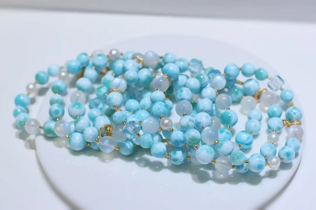 

925 Silver Multi Gemstone Bracelet Natural Larimar Moonstone Topaz Freshwater Pearl Healing Crystal Energy Bangle Daily Jewelry