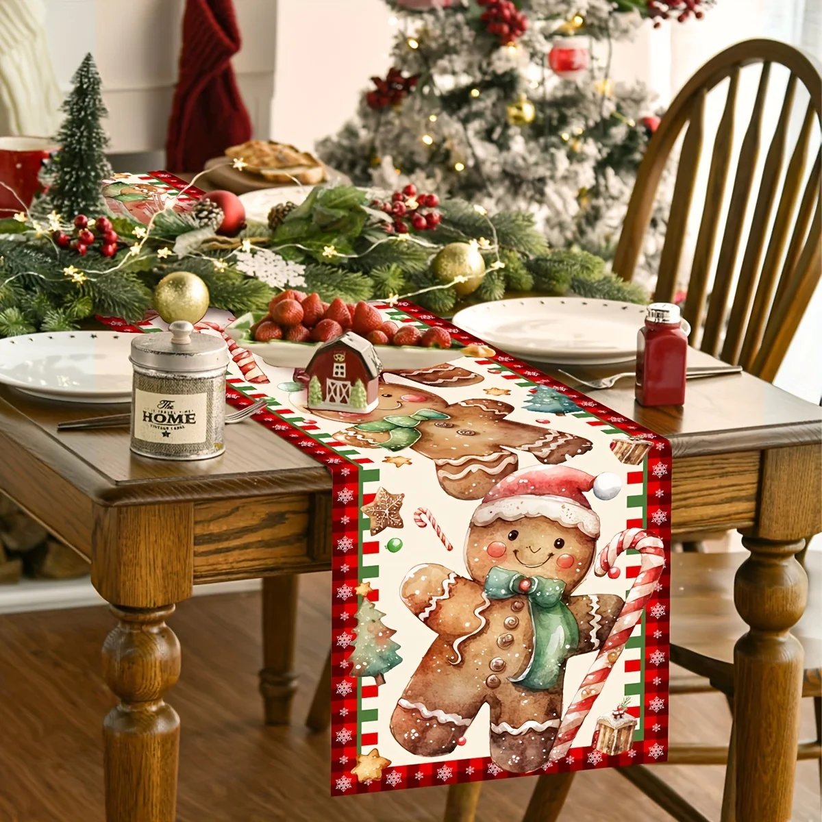 Winter hat cute gingerbread Man Flax table runner set, candy family elements, suitable for holiday dinners and family gatherings
