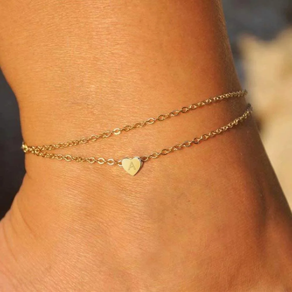 Woman Anklets Initial Letter Layered Foot Chain Ladies Mini Heart Charm Stainless Steel Ankle Bracelet Summer Beach Accessories