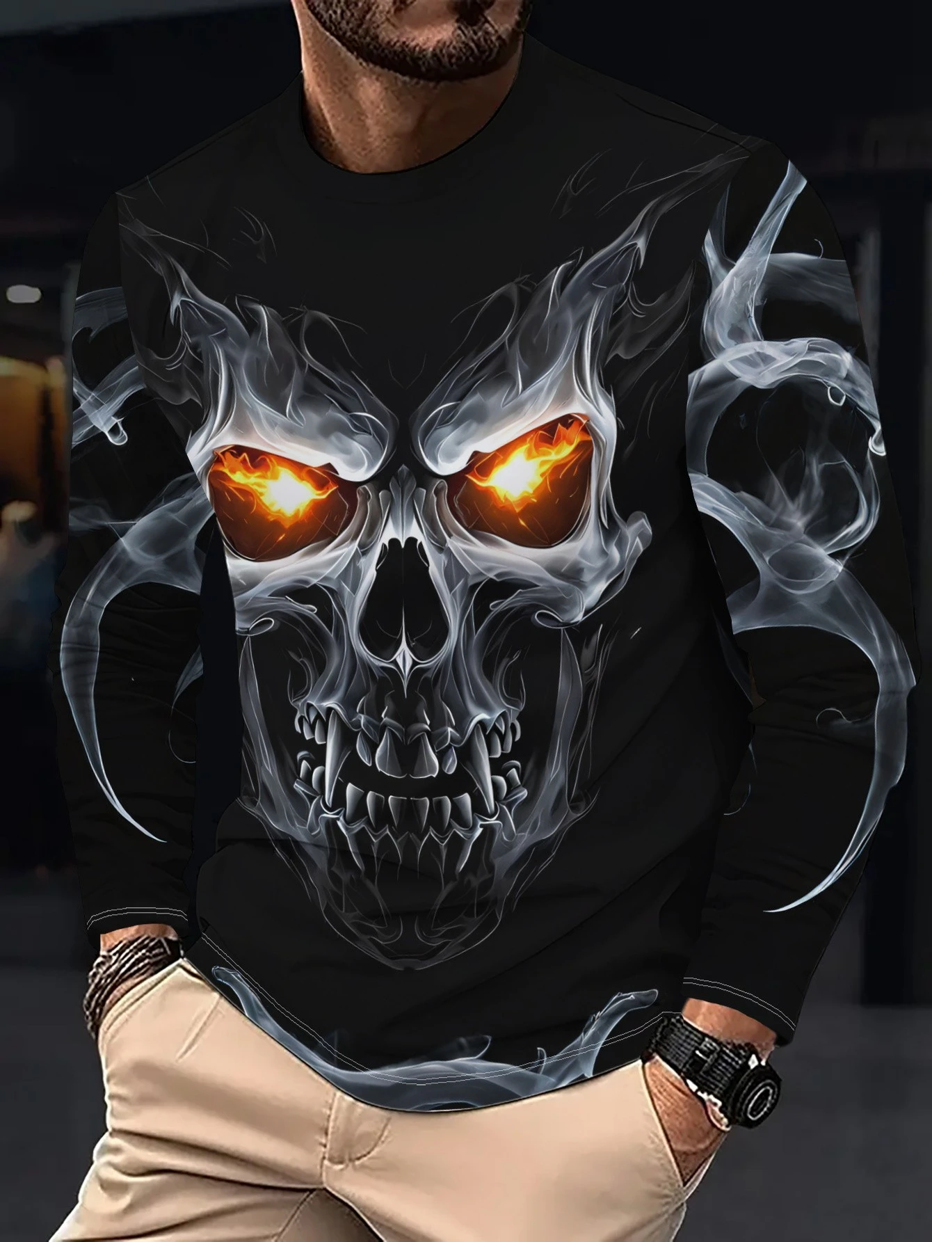 Men Fire Flame Skull 3D Print Long Sleeve T Shirt Gothic Smoke Graphic Crew Neck Casual Streetwear Tops Parent Child Outfits