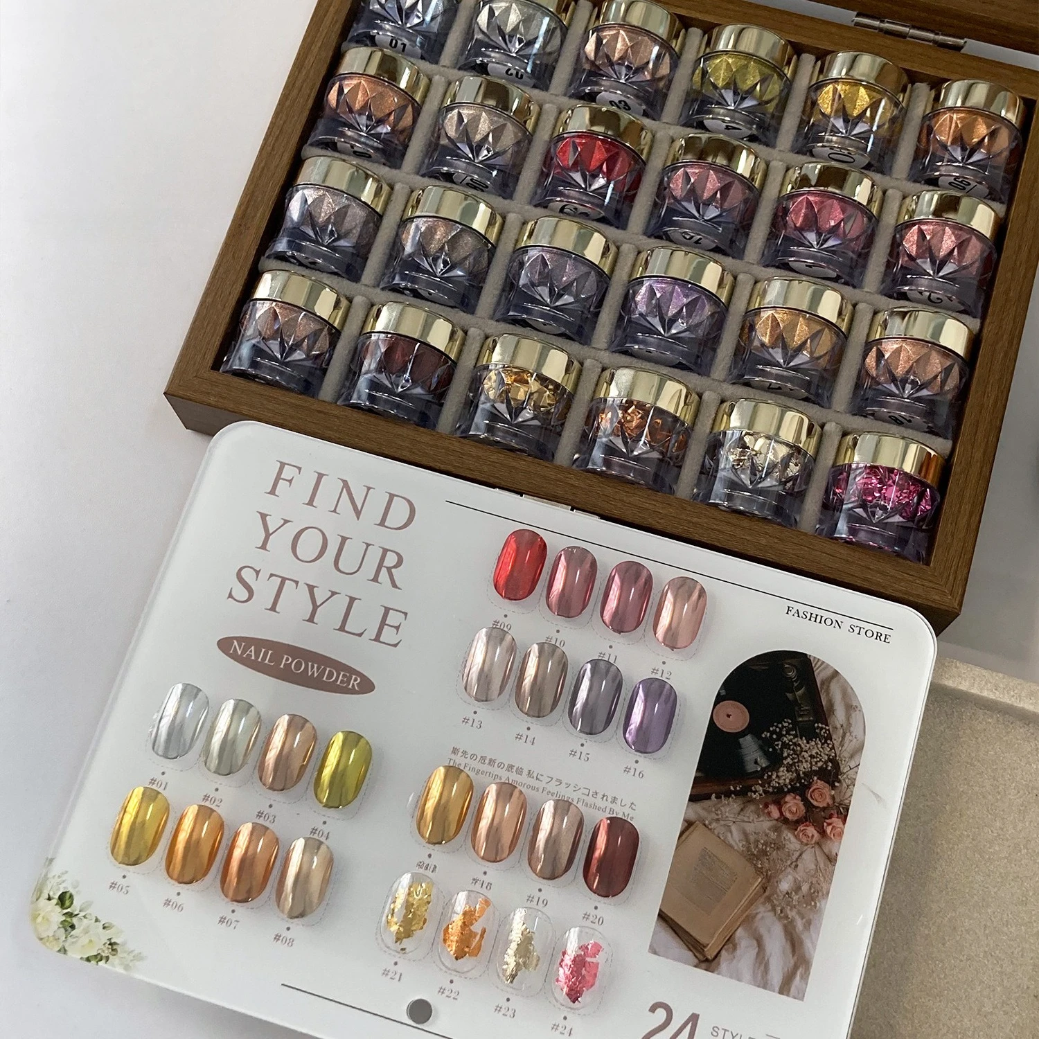 24 Colors Dopamine Gold Foil Mirror Ch rome Nail Powder Set with Storage Box and Color Chart for DIY Nail Art Gliiter powder image 3