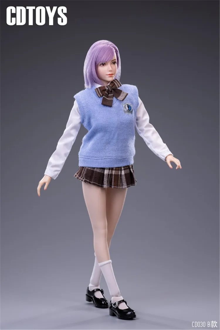 cdtoys cd030 1/6 Scale Women's School Girl Knitted Vest Long Sleeves Shirt Pleated Skirt Shoe Model for 12'' Action Figure Body