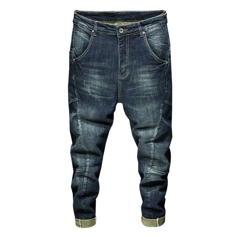 

Мужские джинсы-шаровары, модные дизайнерские карманы, свободные мешковатые мото-джинсы, мужские эластичные уличные джинсы в стиле ретро, свободные зауженные джинсы 42