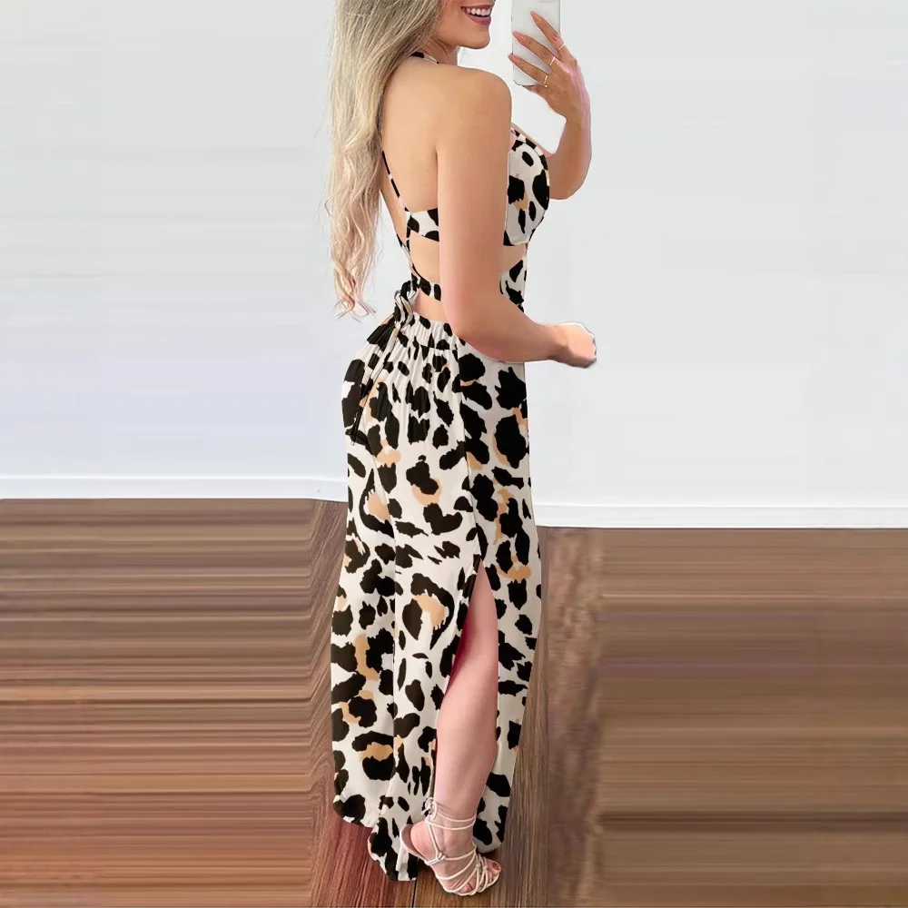 여성 봄 여름 점프 슈트 레오파드 프린트 컬러 민소매 하이 웨이스트 와이드 레그 팬츠 캐주얼 패션 편안한 레귤러 외장