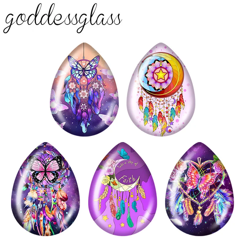 5pairs New Moon Hearts Butterfly Dream catchers 18x25mm Tear Drop Photo Glass cabochon flat back for DIY Earrings Jewelry