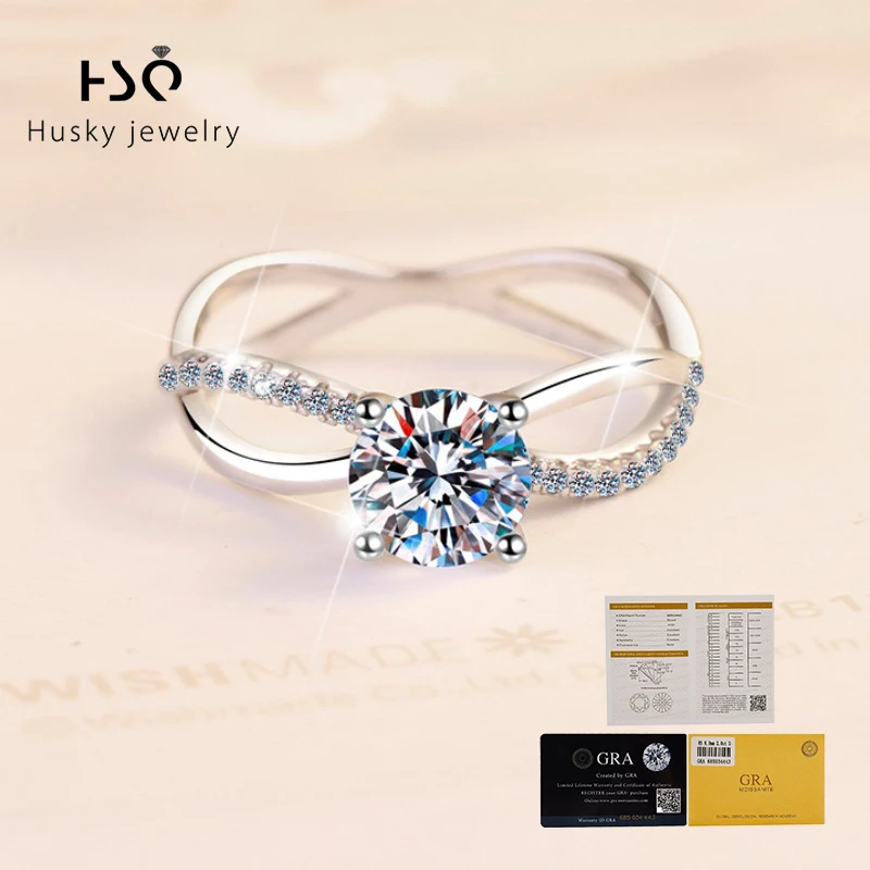 Husky Jewelry 1ct Moissanite Diamond Ring for Women 925 Sterling Silver Wedding Band Elegant Ladies Fashion Jewelry Gift
