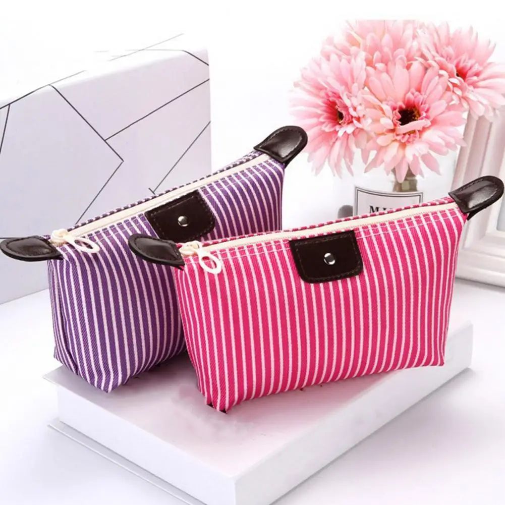 Cosmetic Travel Case Striped Cosmetic Bag Waterproof Travel Organizer Foldable Capacity Makeup Pouch Portable Zipper Closure