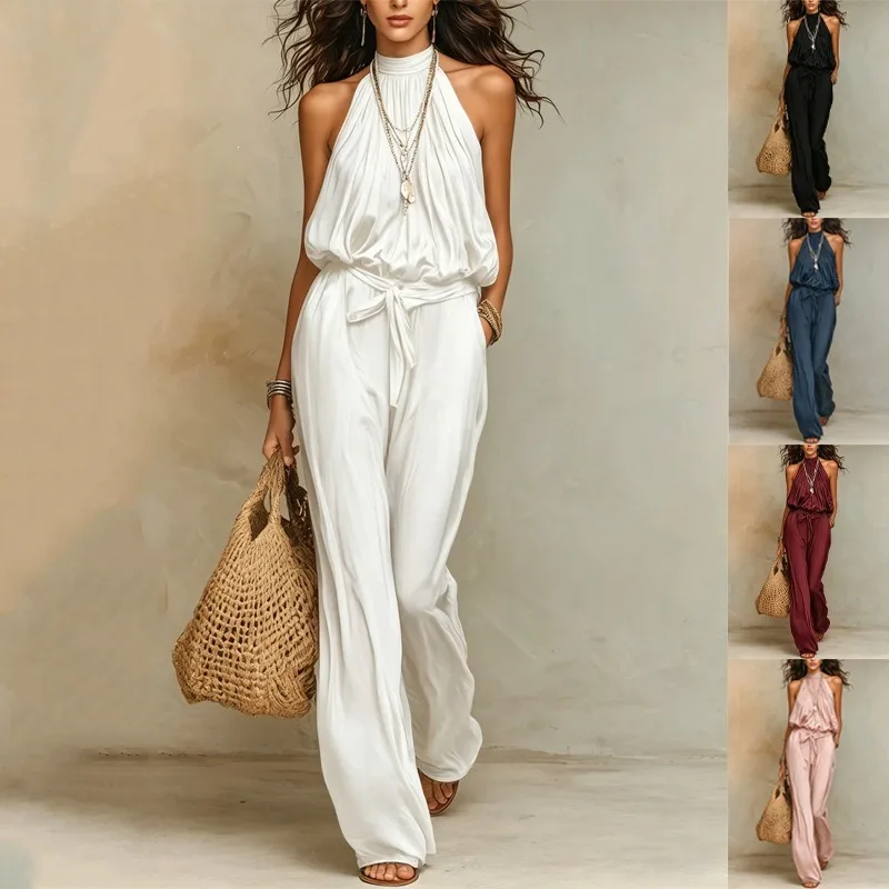 

European Boho Sleeveless Halter Jumpsuit Women Cotton Blend Tie Waist Wide Leg Vacation Long Jumpsuit