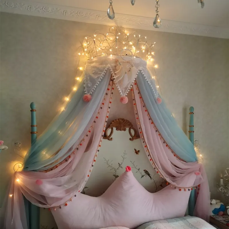 New princess bed mantle cute Nordic pink girl heart macaron decorative gauze triangular lace blue with crown