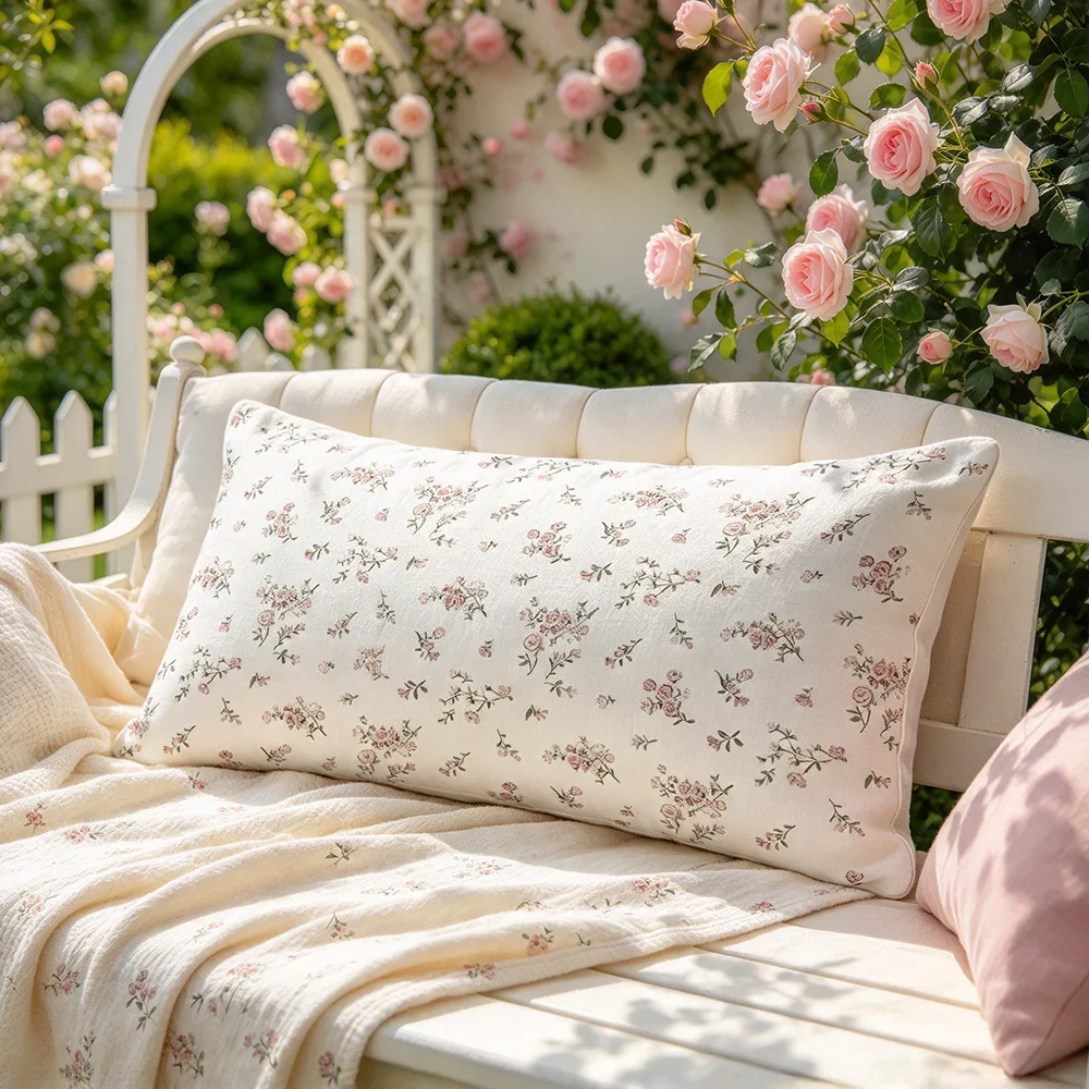 White Blush Soft Floral Print Long Pillow Cover, Gentle Style, Master Bedroom Decorative, Polyester, Housewarming Gift