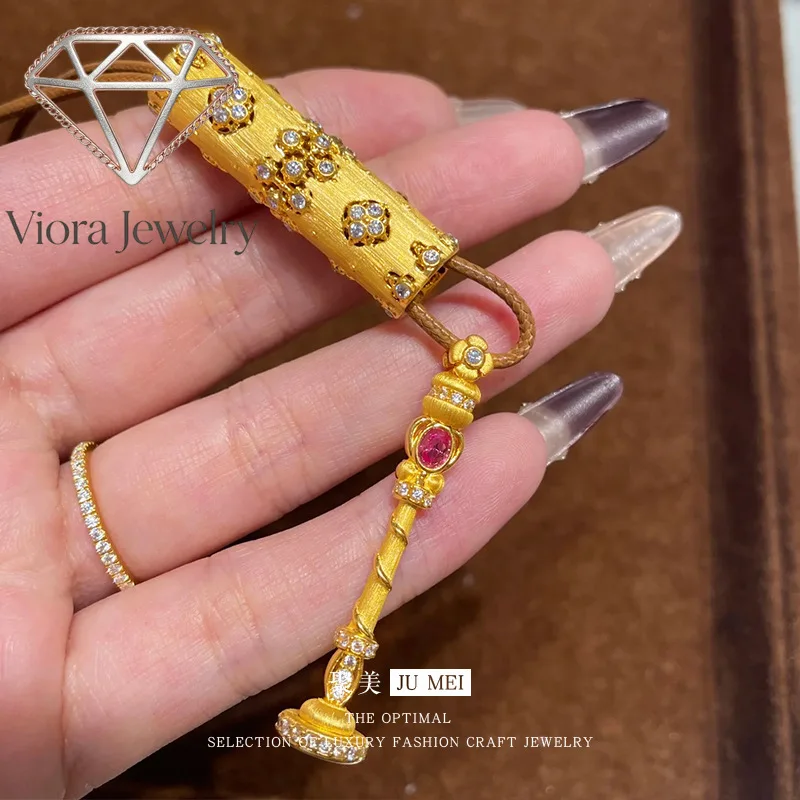 Viora Jewelry Ancient gold magic wand pendant 24K real gold brushed pendant exquisite women's new fashion design 9999 necklace