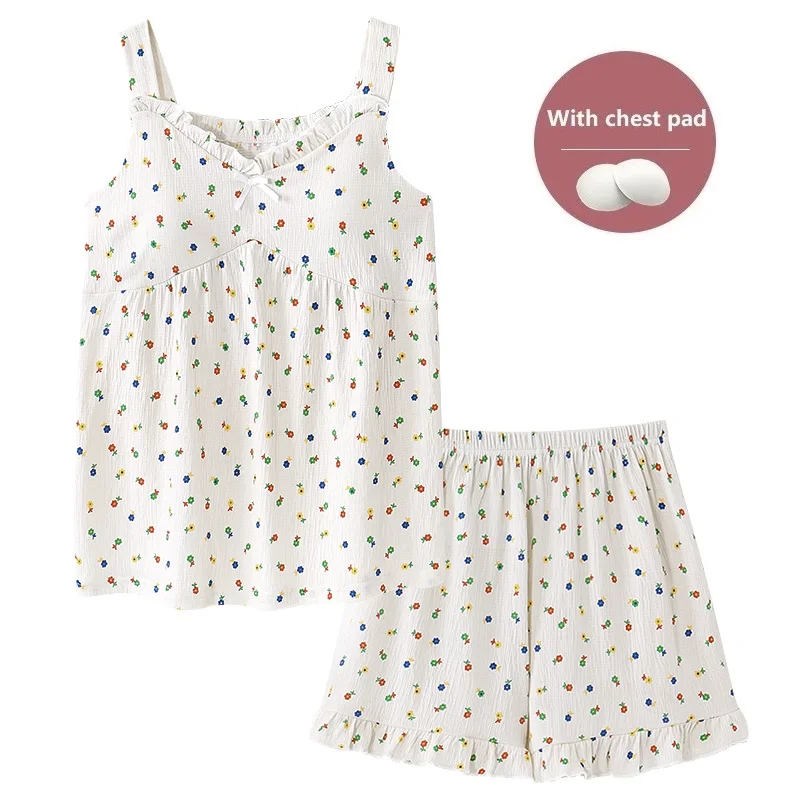 Summer small flower print women pyjamas cozy sexy sleeveless shorts pajama sets women sleepwear cotton sling shorts sleepwear