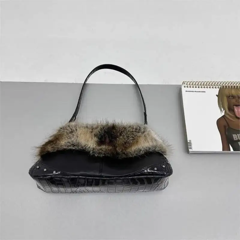 Bloom Vintage Black Plush Shoulder Bags Women Hot Girl Sweet Cool Studded Star Embroidery Handbag Ladies Y2k Punk Underarm Bag