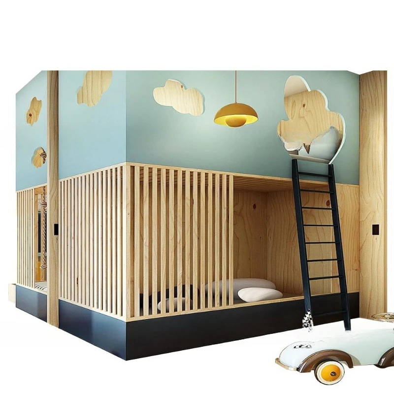 Tempat tidur kayu solid, rumah bermain anak, tempat bermain rahasia model awan, model tangga