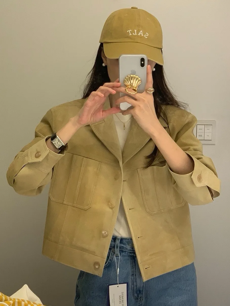 

Корейский шикарный осенний новый винтажный костюм с воротником, индивидуальная замшевая свободная верхняя одежда, женский модный топ высокого класса