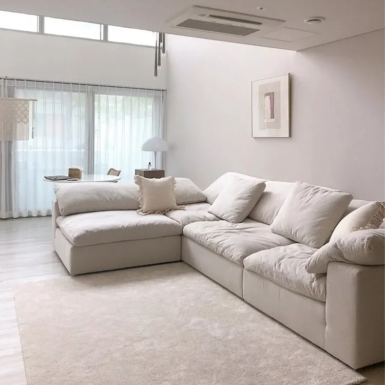 Modern Home Living Room Sofa Set Furniture White Linen Feather Cream Beige Fabric l Shaped Corner Modular Couches Sectional Sofa