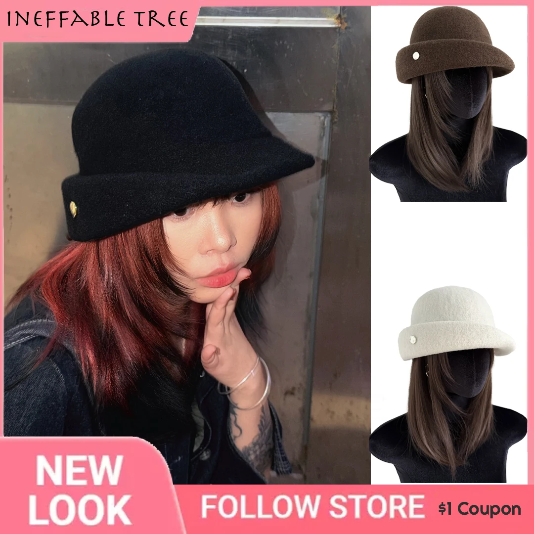 Vintage Real Wool Felt Dome Hepburn Fedoras Hats for Women Curved Brim Bucket Caps Lady Wide Brim Travel Headwear Cap Bonnet