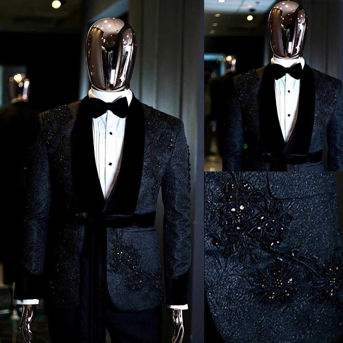 Abiti da uomo da sposa Smoking Abito da sposo moderno Abito formale Applique Scialle con paillettes Risvolto Cappotto in 2 pezzi + Pantalone Personalizzato di fascia alta