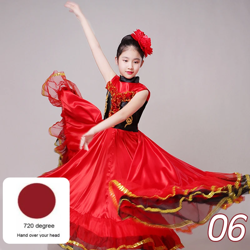 Girls Spanish Flamenco Dance Dresses 360/540/720 Degree Big Swing Skirt Kids Opening Dance Stage Performance Costumes