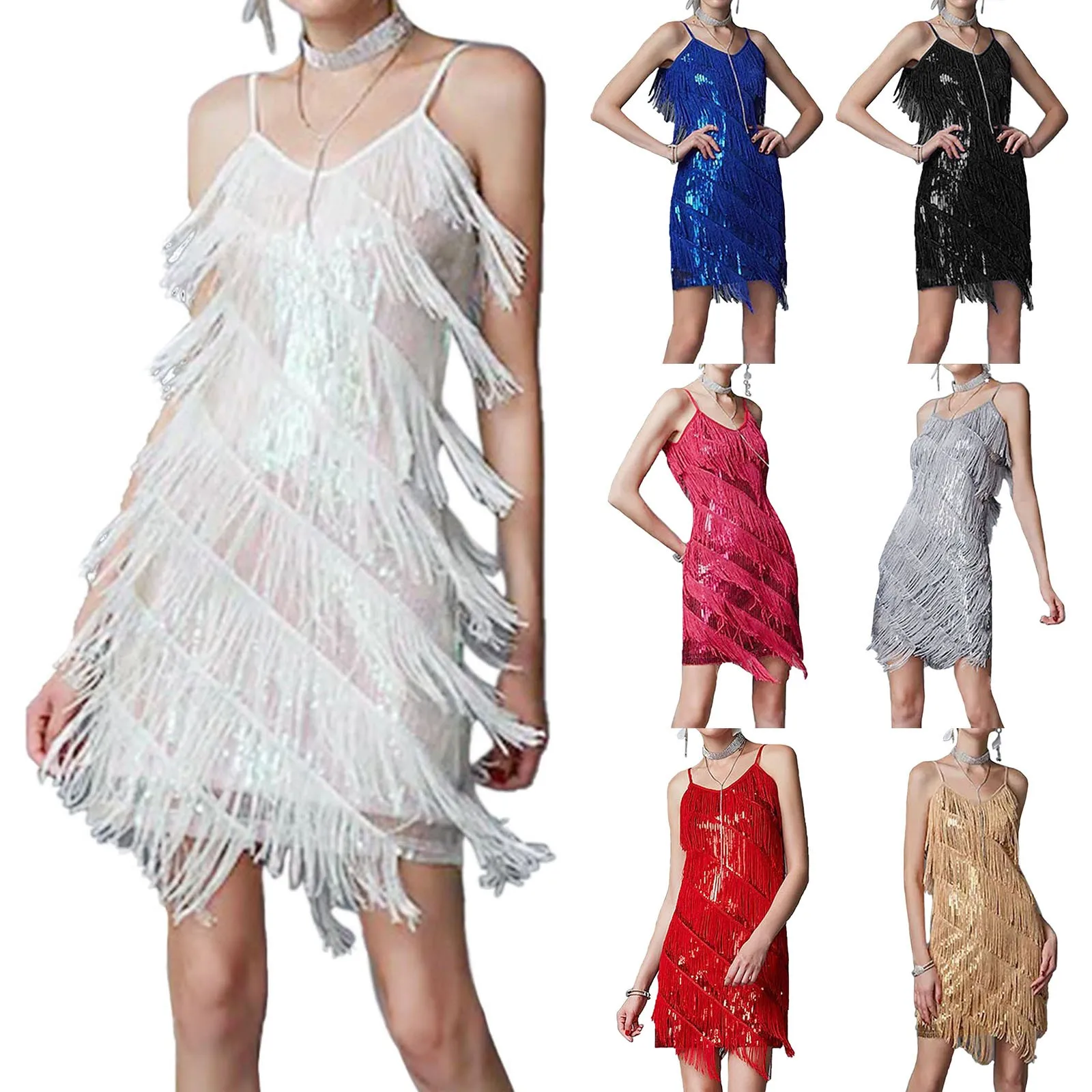 

Womens Shiny Sequins Fringe Latin Dance Dress Salsa Samba Tango Latin Dance Wear Adults Female Tassel Stage Performance Costume