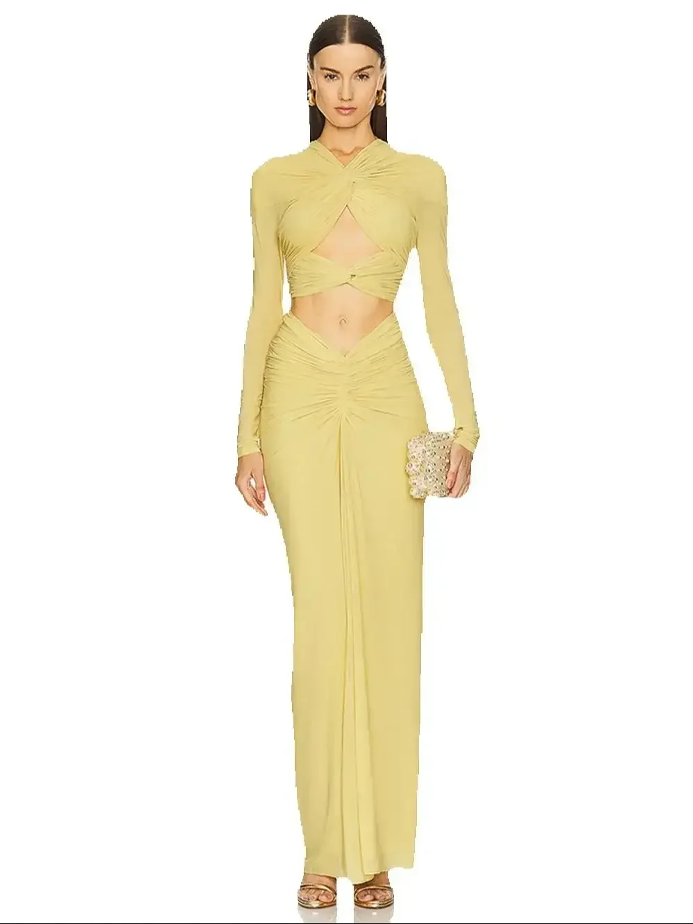 2025 Spring New Women's Style Sexy Long Sleeve Twisted hollow out midriff-baring Slim Two Piece Dress Party Gowns