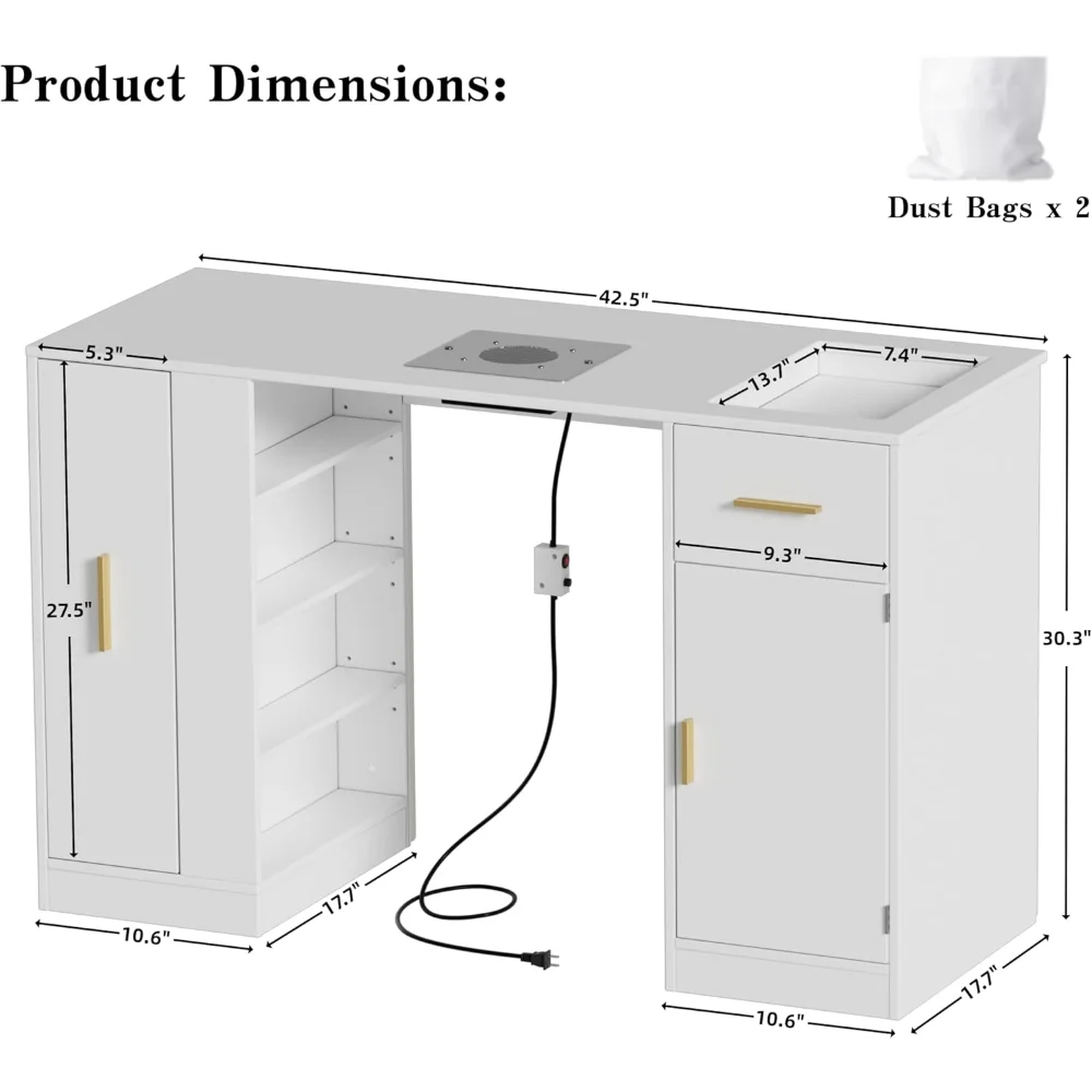 

Manicure Table Nail Desk for Tech, Nail Desk w/Dust Collector, Supplies Decor Workstation with 2 Dust Bags