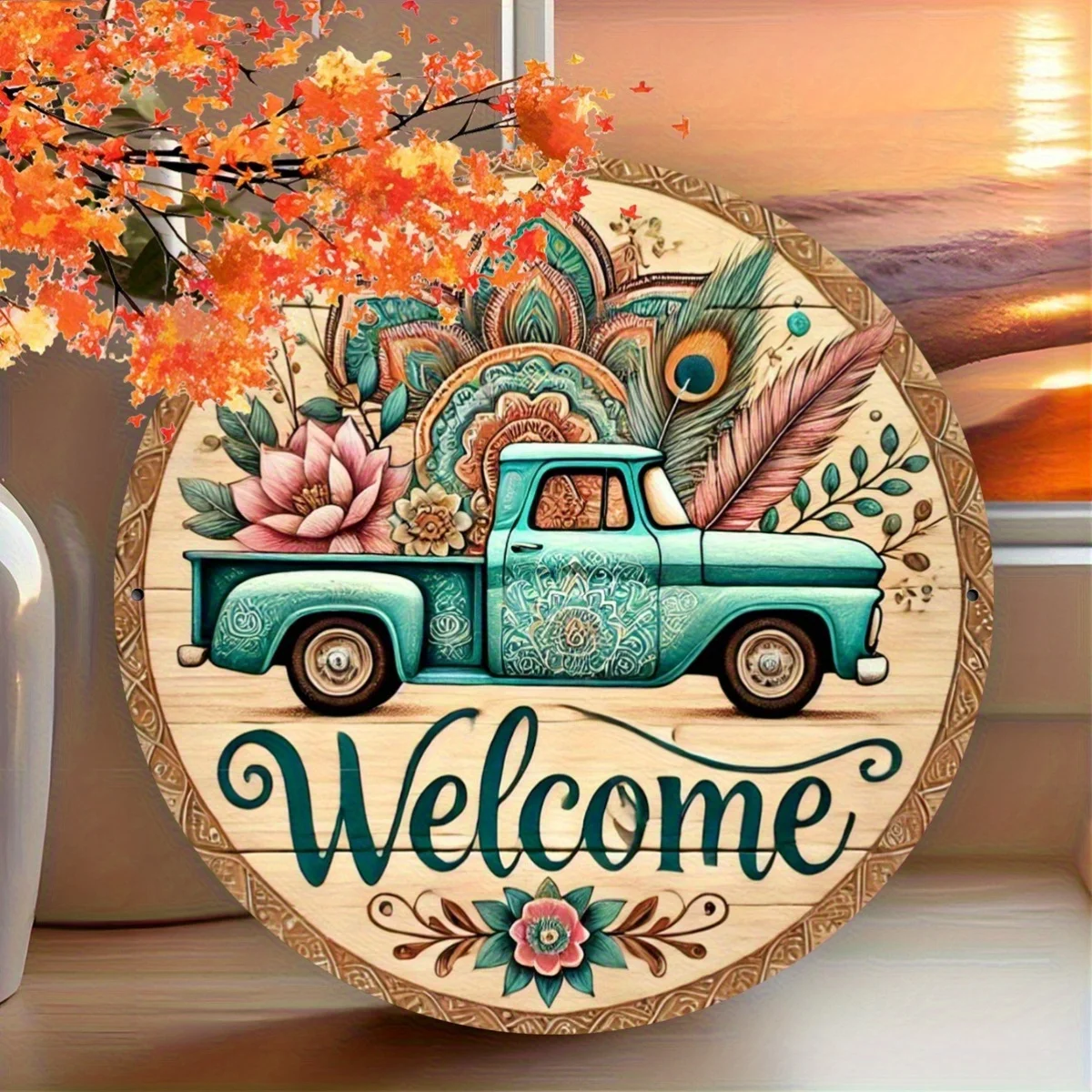 2D Flat Printing 1pc Retro Turquoise Pickup Welcome Sign - Farmhouse Style Wall Wooden Decor with Blue-Green Floral And Mandala
