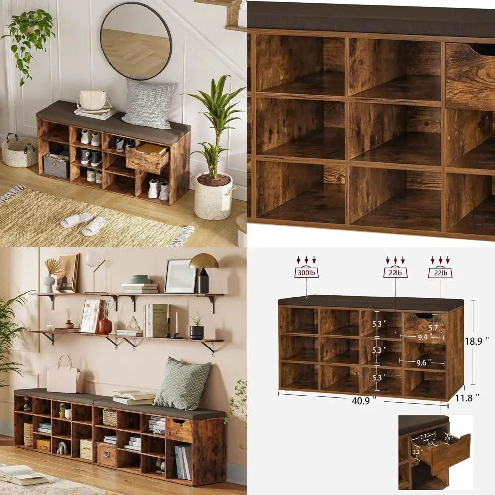 

Rustic Brown Entryway Shoe Bench with Drawer and 11 Adjustable Shelves, Storage Rack for Living Room, Mudroom, and Garage