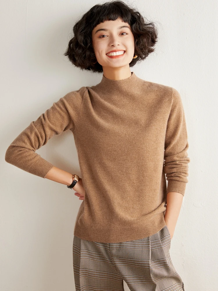 Autumn and winter first-line ready to wear 100% cashmere sweater women's semi high neck knitted pullover solid color knitted top