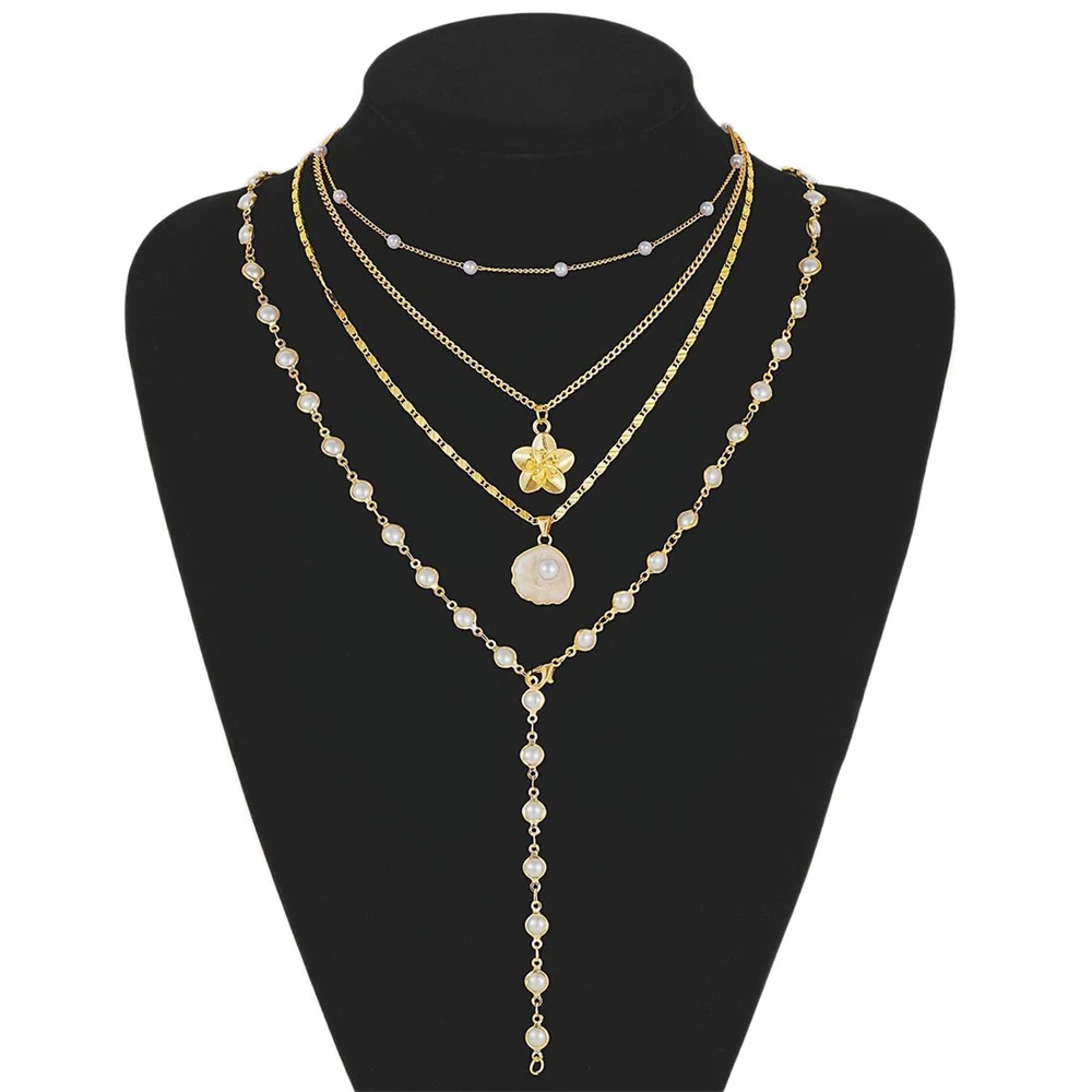 4pcs Vintage Bohemian Metal Shell Pearl Flower Pendant Tassel Necklace Set for Women Daily Wear Beach Vacation Jewelry Gifts New