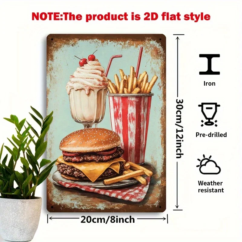2D Flat, 2D Vintage Metal Signage 2D Flat, 1pc Vintage Diner Burger & Milkshake Metal Wall Decor - Retro Fast Food Garage Sign w