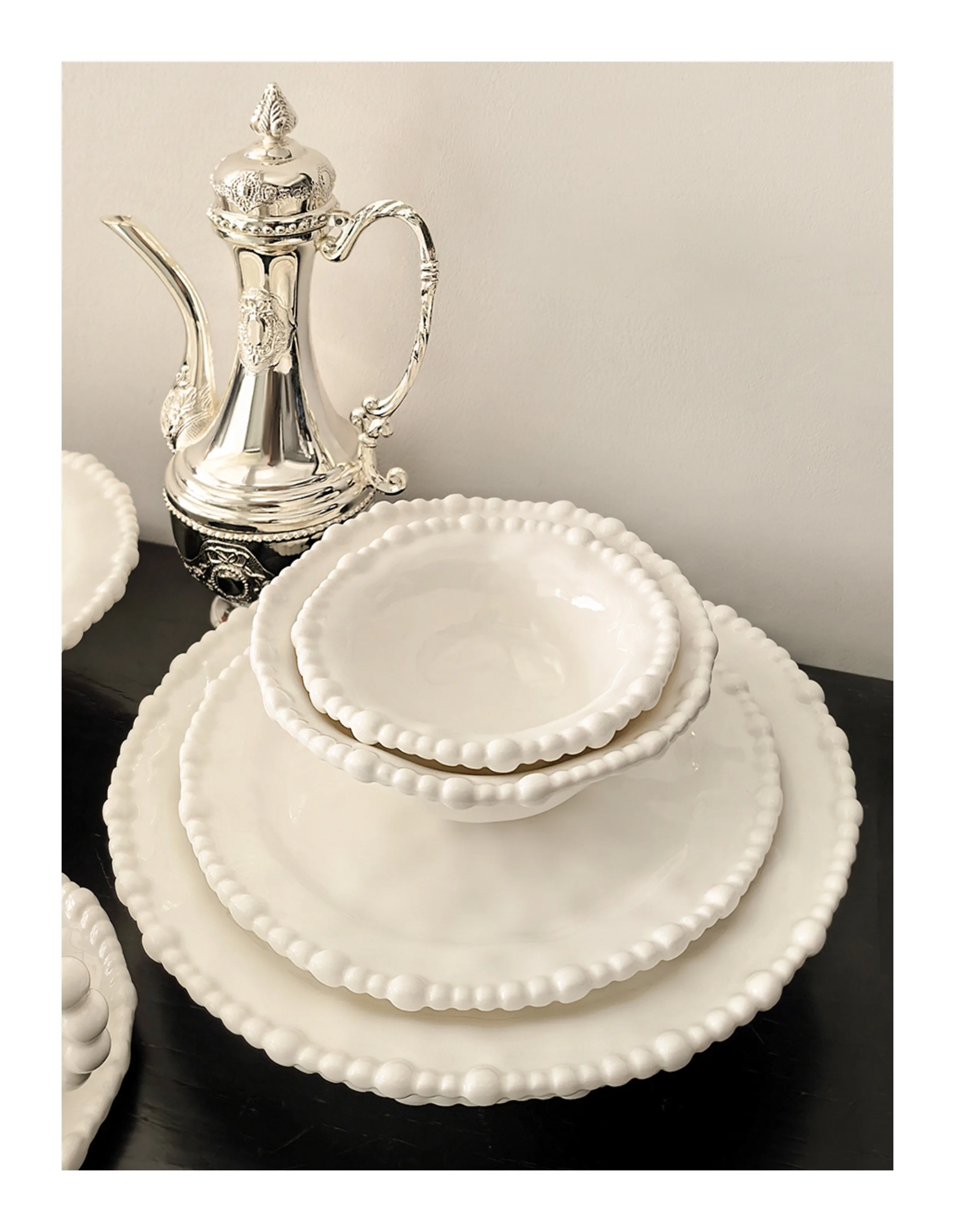 2.White Beaded 8’’ 10’’ Ceramic Dinnerware Shallow Plates Scratch Resistant Dishes, Dishwasher & Microwave Safe, Perfect for Ind