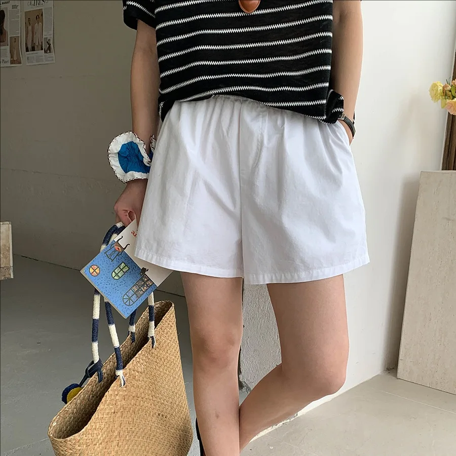 

Summer casual cotton elastic waist loose wide leg shorts women