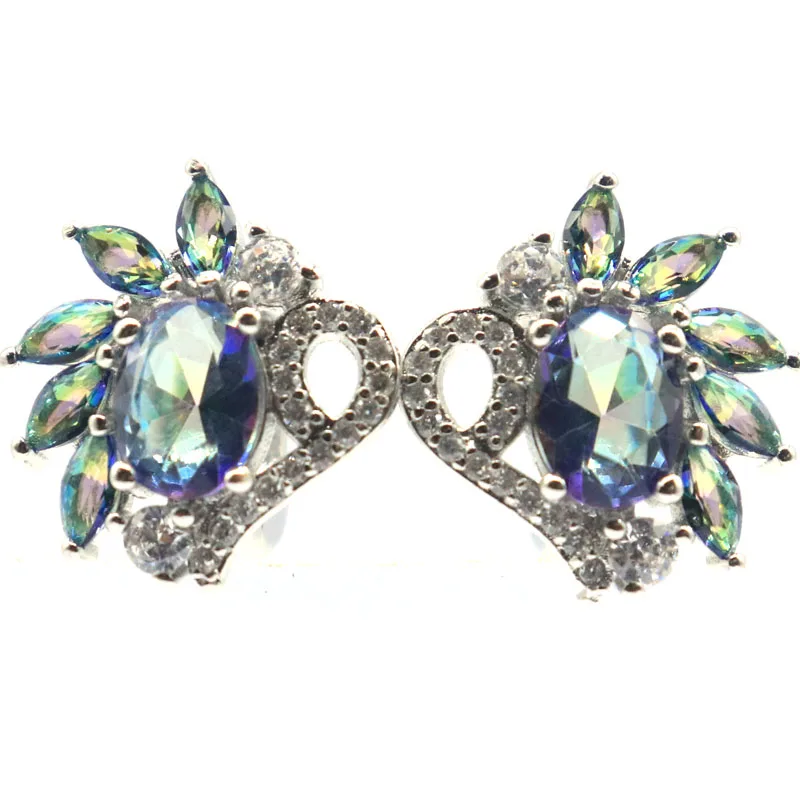 

Buy 5 Get 1 Free 18x16mm Highly Recommend Romantic Fire Rainbow Mystic Topaz White CZ Gift Ear Stud Silver plated Earrings