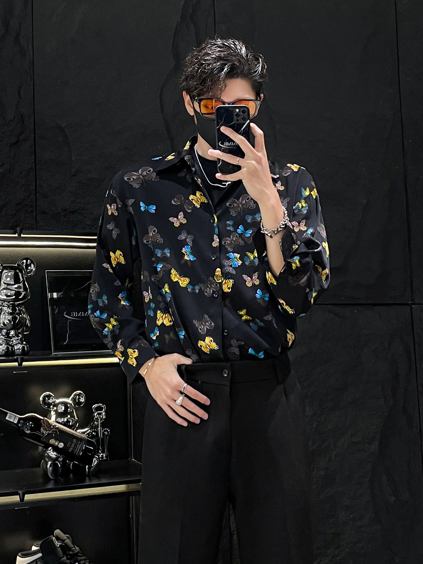 

HOMME Роскошный принт Long Sve Мужские irt Street Sle Модный бренд Свободный крой Ice Sensation Тонкий материал Молодежный...