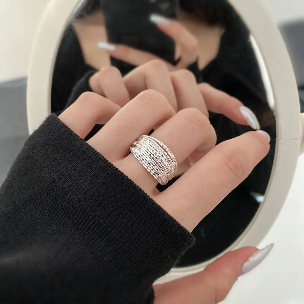 Summer New S925 Sterling Silver Ring for Women's Ins Small Design Sense Multi layered Silver Rope Open Ring